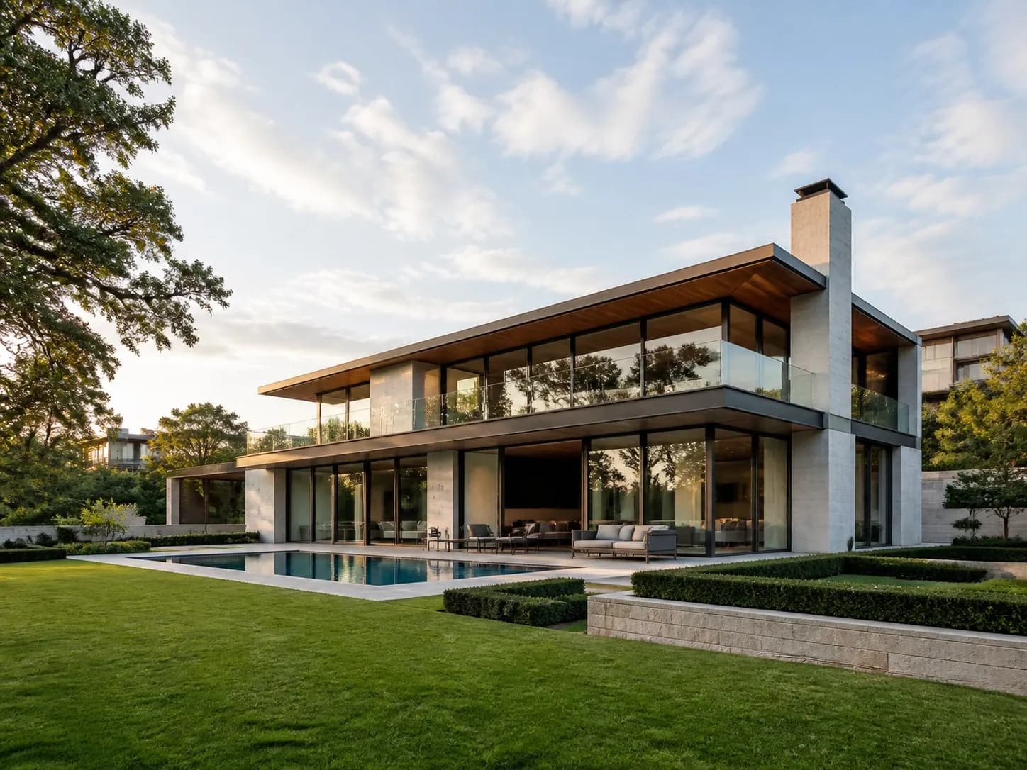 Moradia contemporânea com grandes envidraçados, jardim e piscina ao fim da tarde